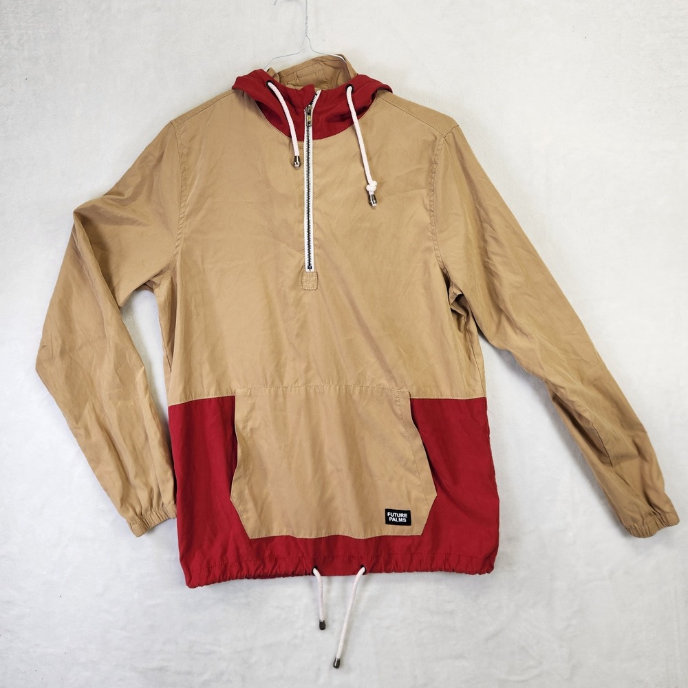 Future Palms Mens Colorblock Anorak Windbreaker Jacket Tan Red Quarter Zip Sz M